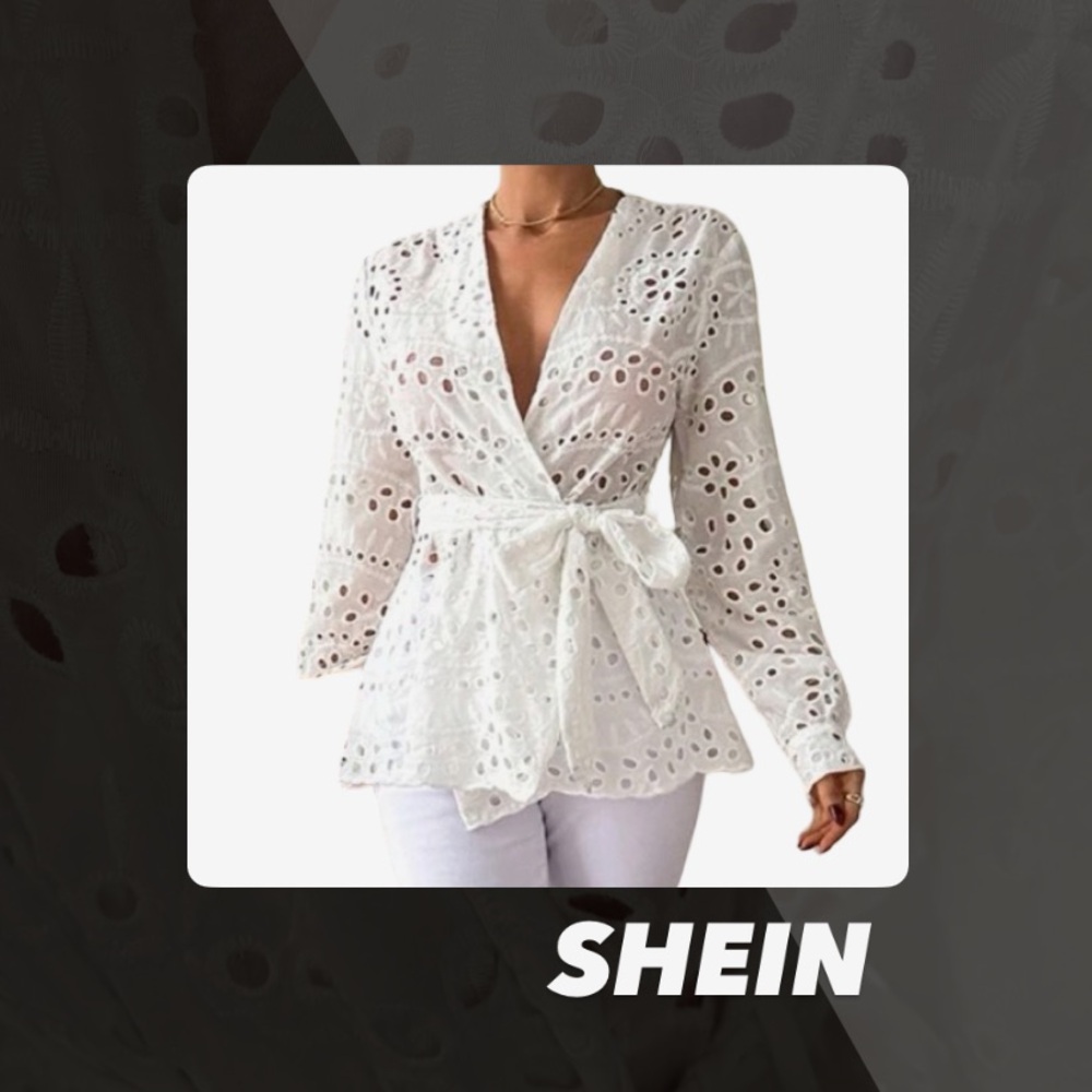EUC SHEIN Eyelet Belted Peplum Blouse